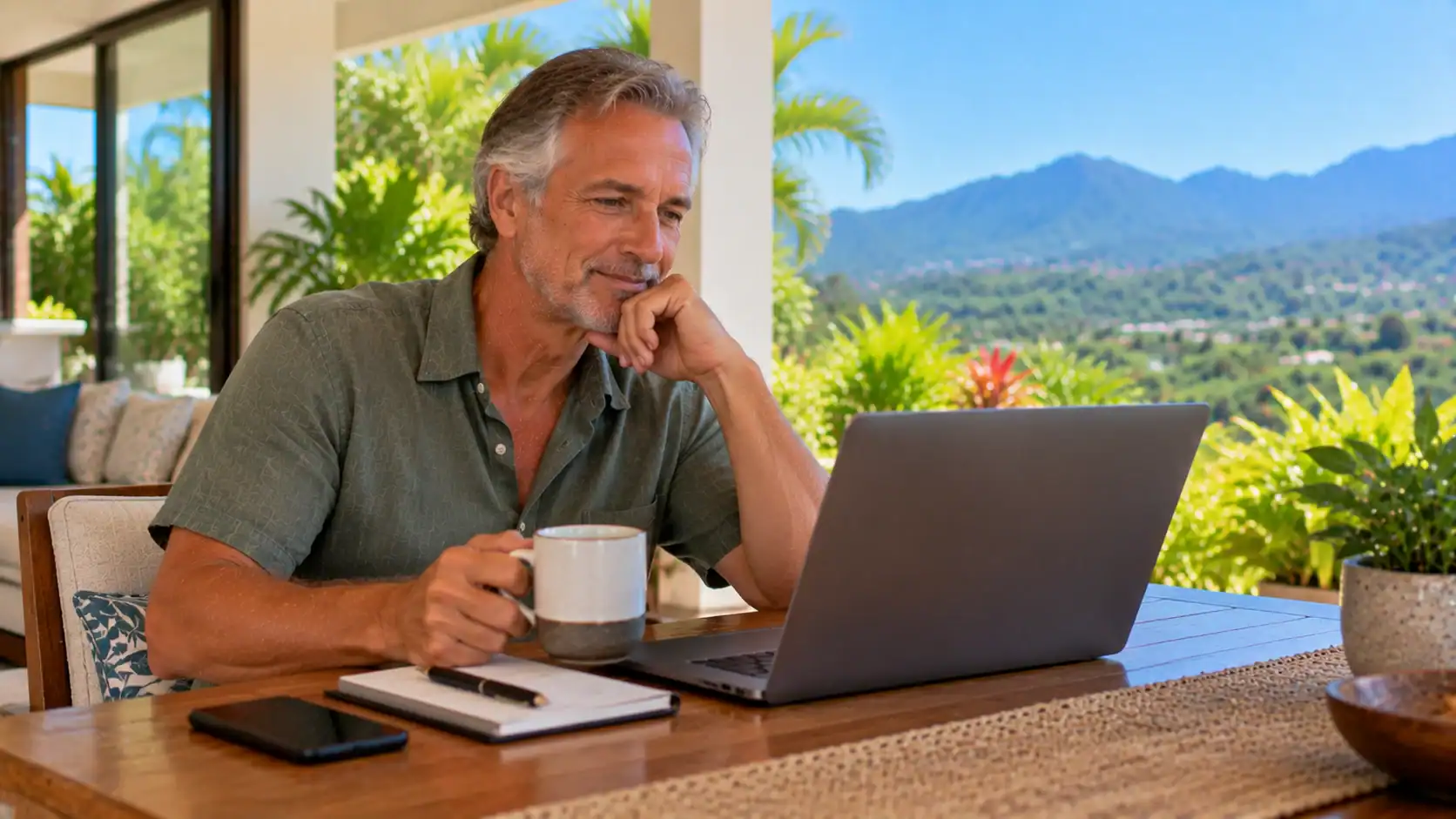 A man waiting for a background check by email with a coffee on his porch