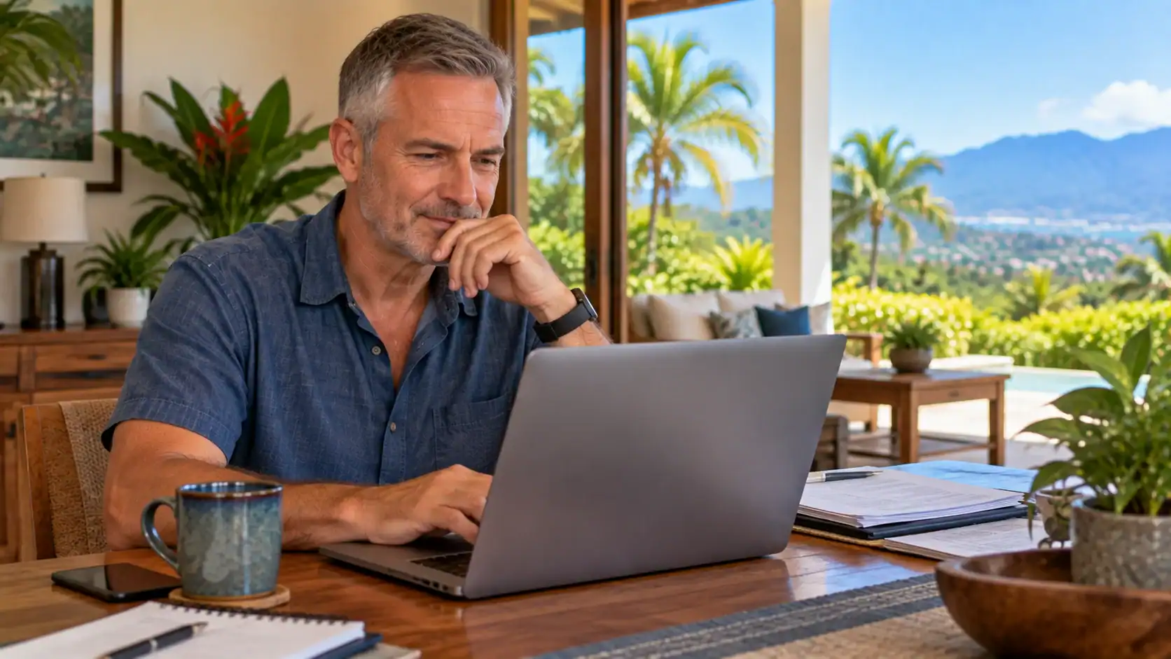 A man waiting for a decision letter while working on his laptop at home