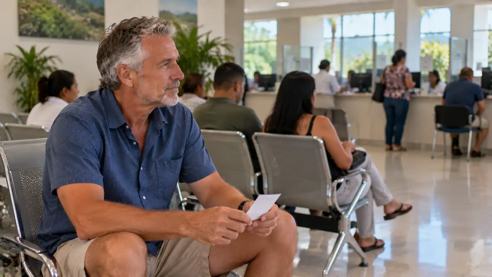 A man waiting with a numbered ticket in a government office waiting area