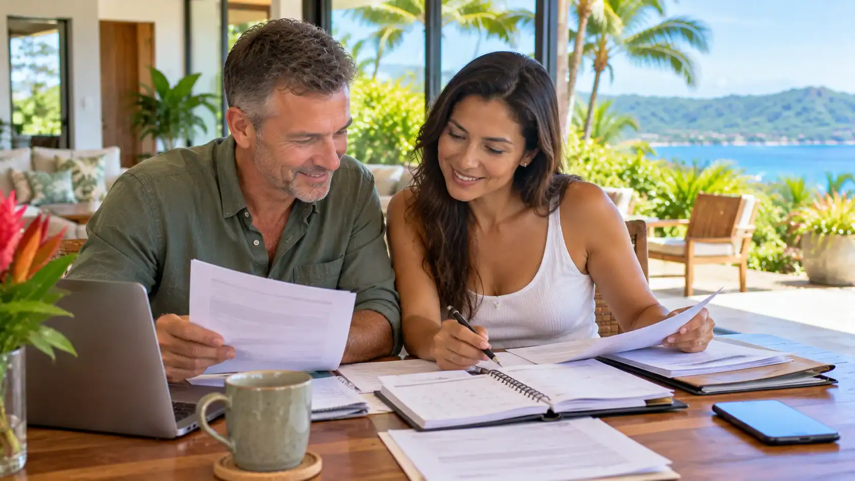 A married couple, one Costa Rican and one foreign, organizing documents and a calendar at home