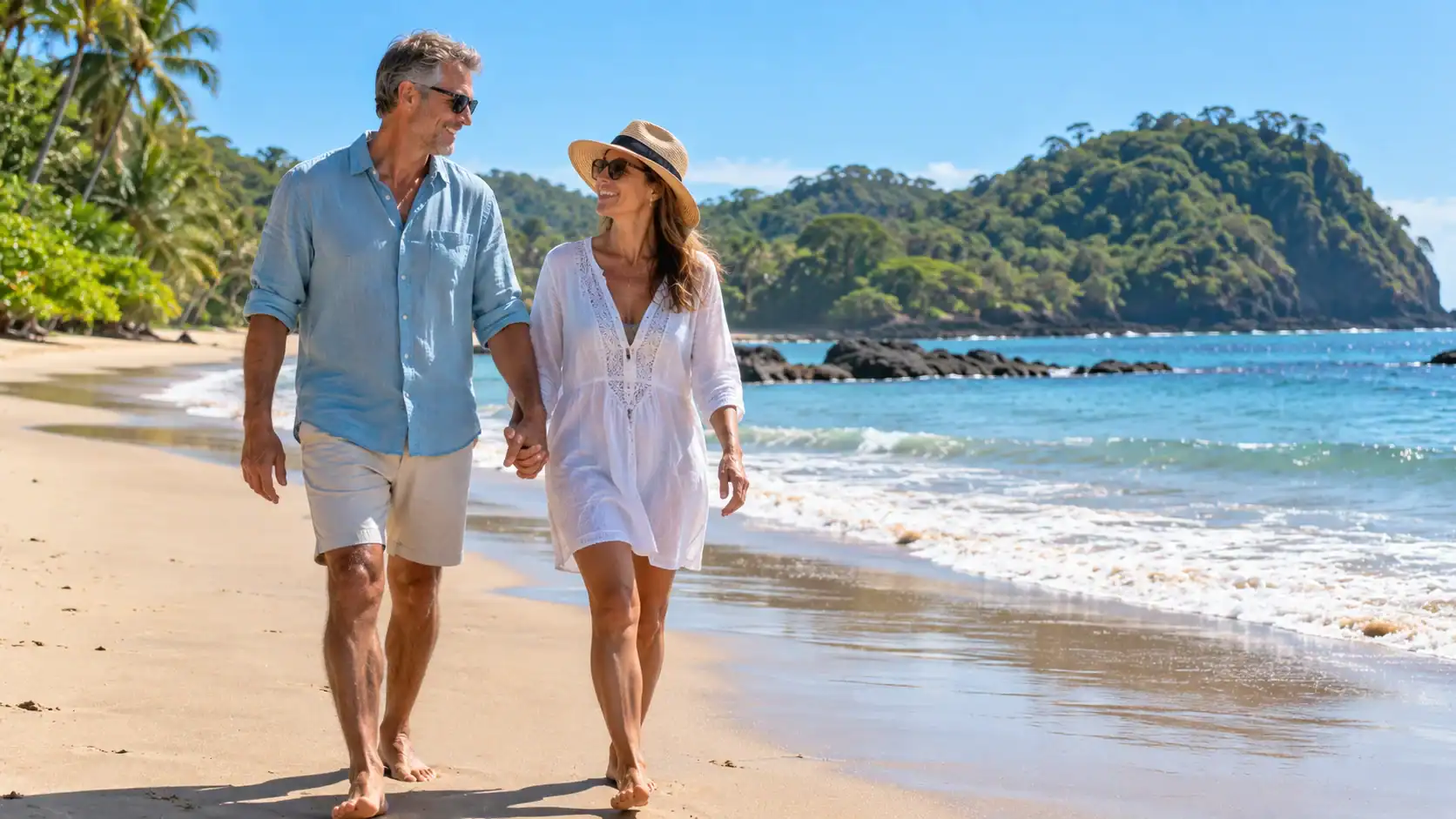 A married couple walking hand in hand on a quiet Costa Rican beach