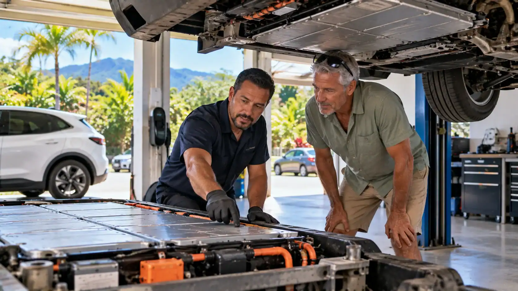 A mechanic inspecting the battery of a used electric car