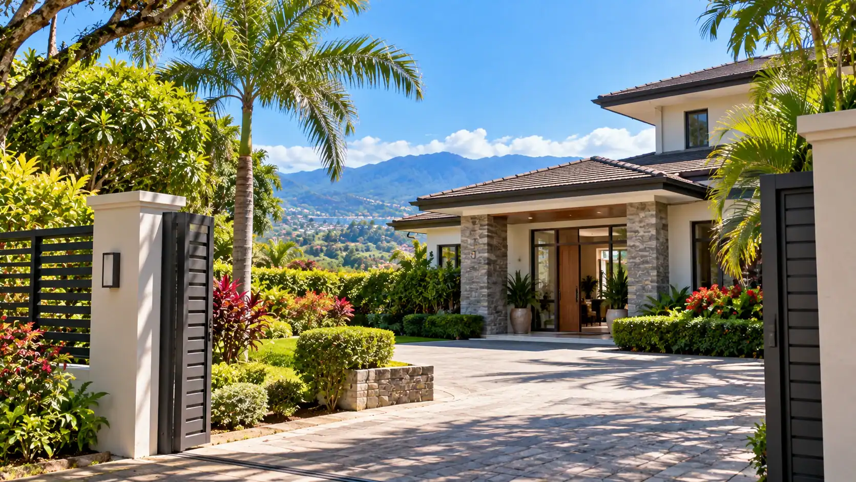 A modern gated home with a garden in Escazú, Costa Rica