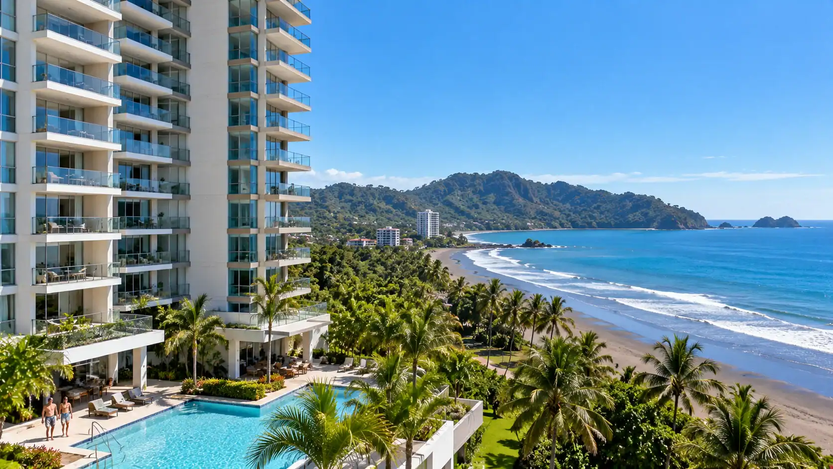 A modern high-rise condo building near the beach in Jacó, Costa Rica