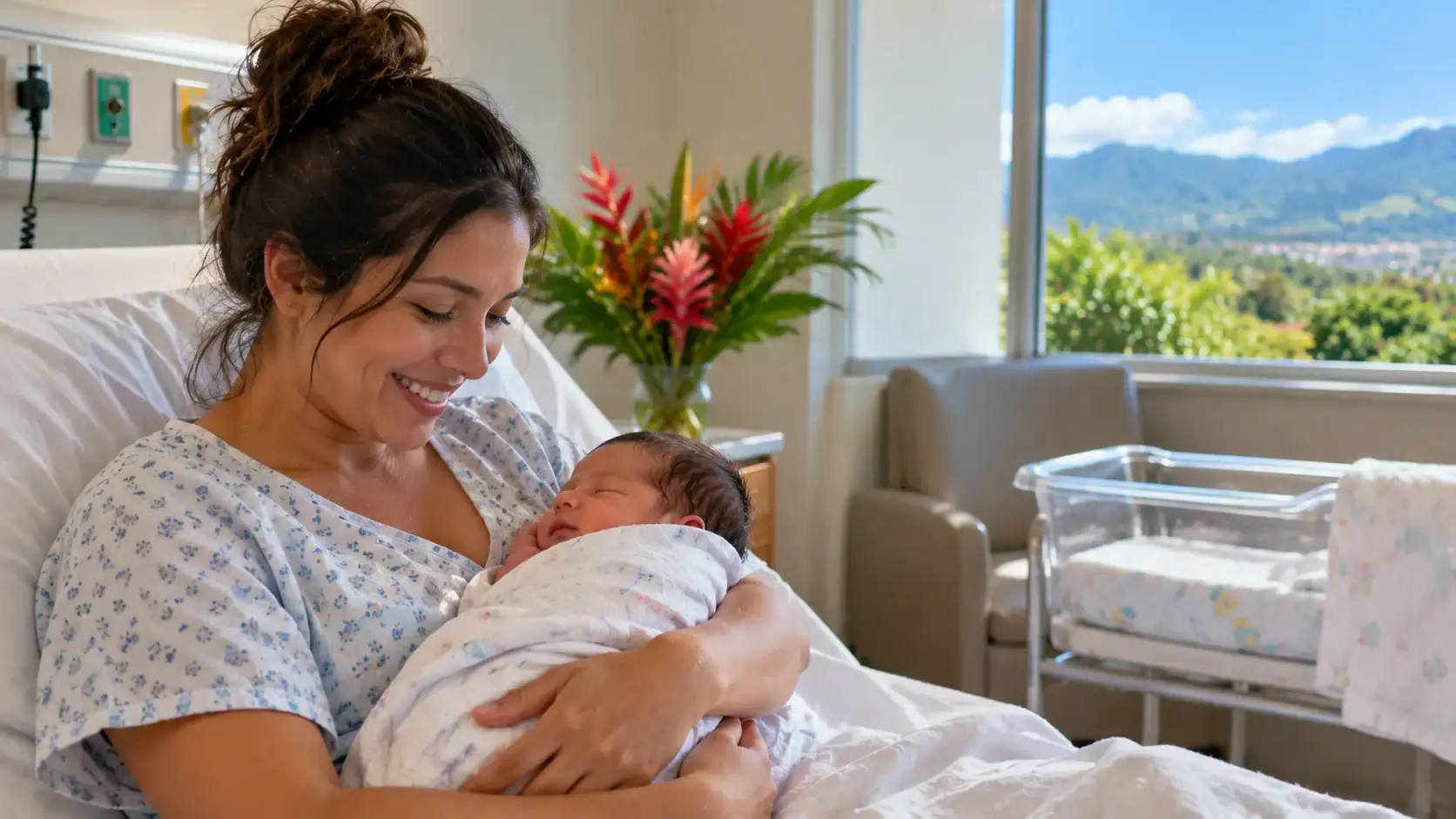 A mother holding her newborn baby in a hospital room in Costa Rica