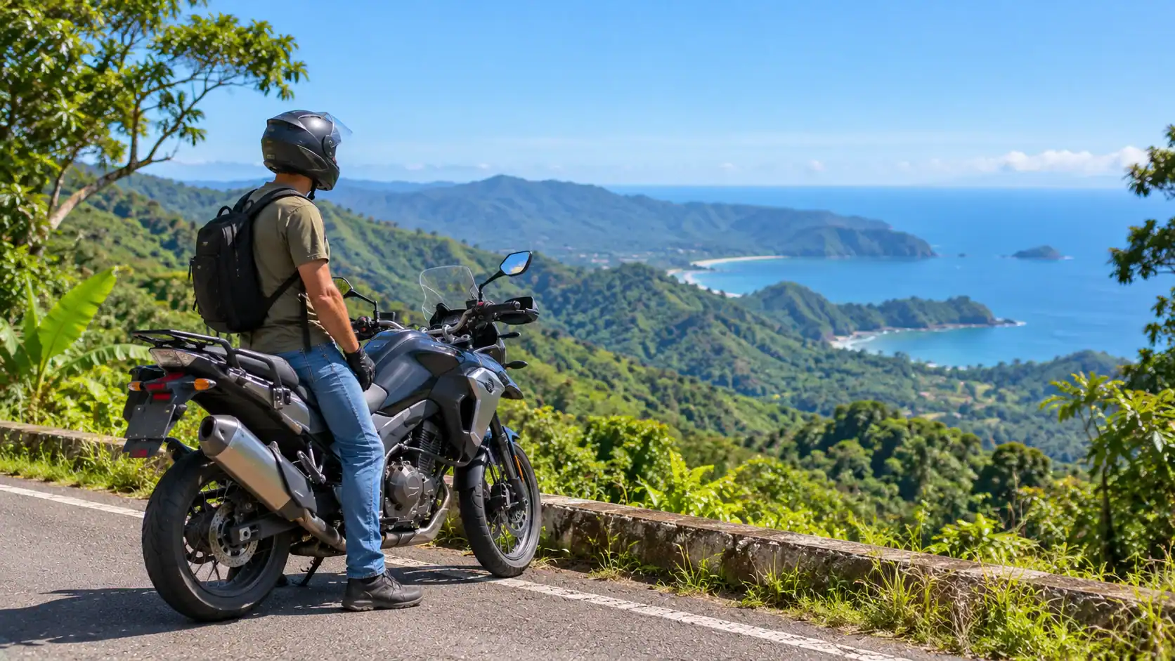 A motorcyclist with a helmet parked on a scenic mountain road in Costa Rica