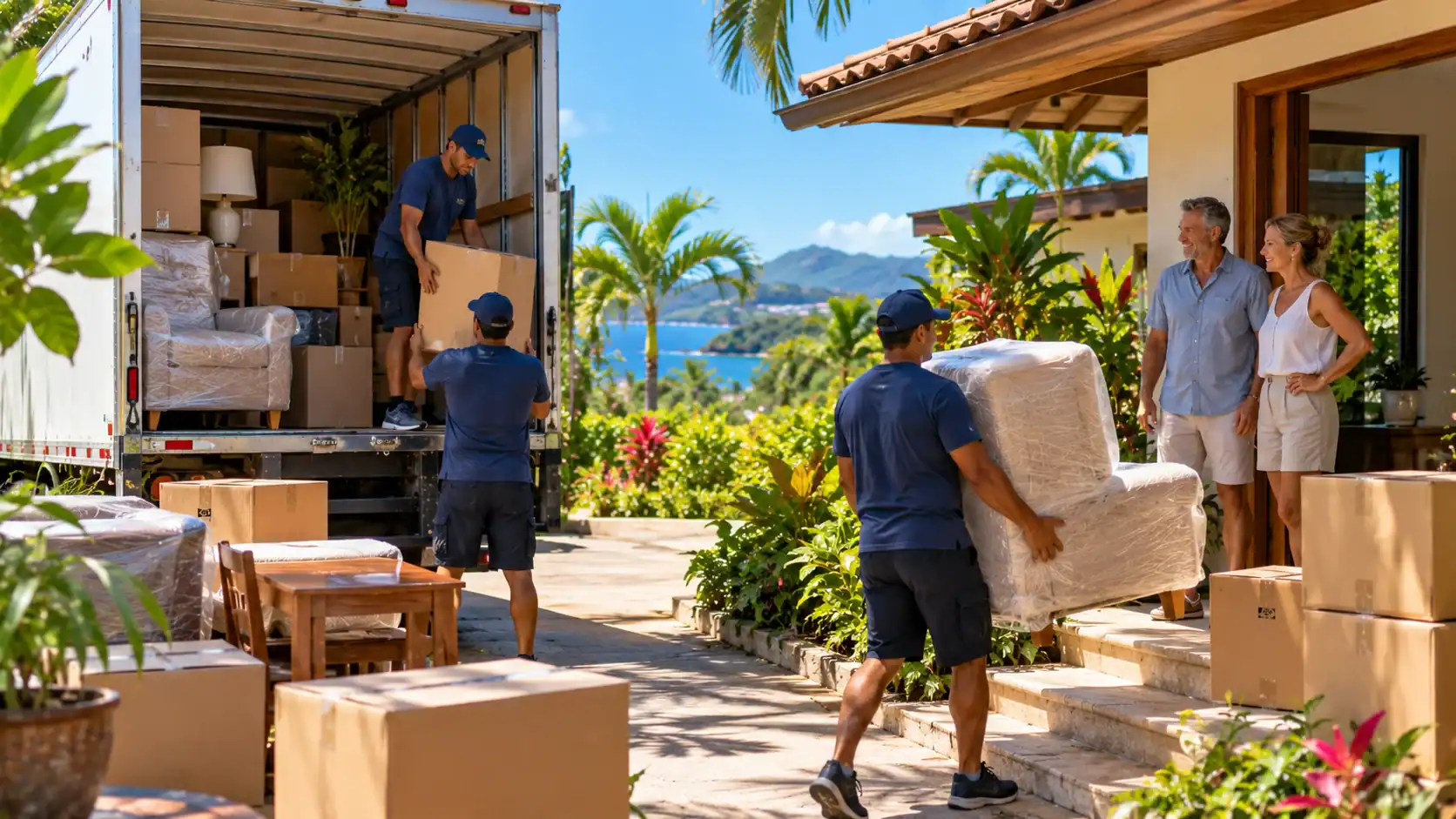 A moving truck unloading household goods at a house in Costa Rica