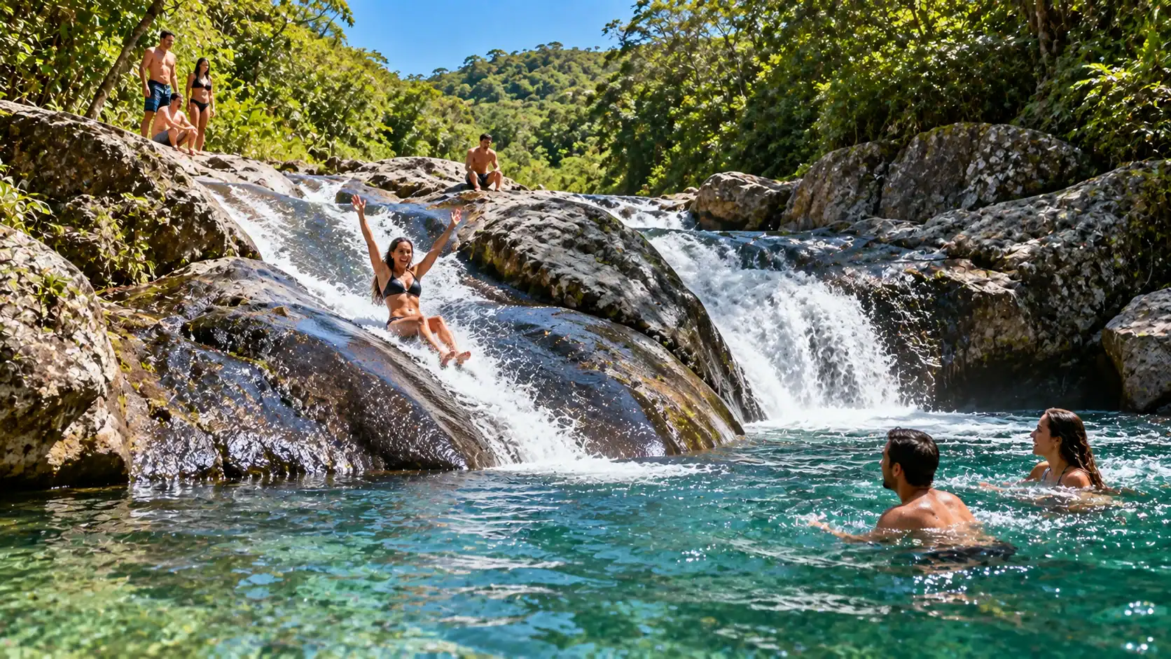 A natural rock waterslide in a jungle river in Guanacaste with visitors
