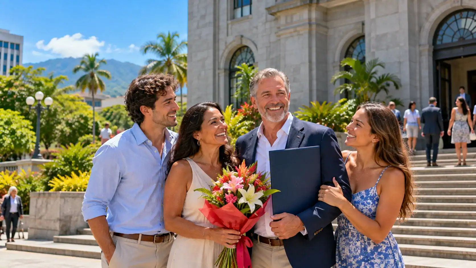 A new citizen holding a bouquet with family outside a government building