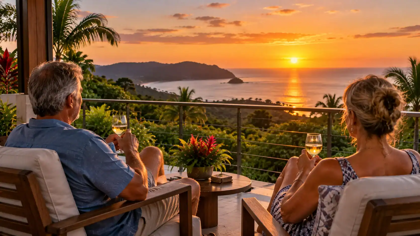 A North American couple watching the sunset from their balcony in Costa Rica