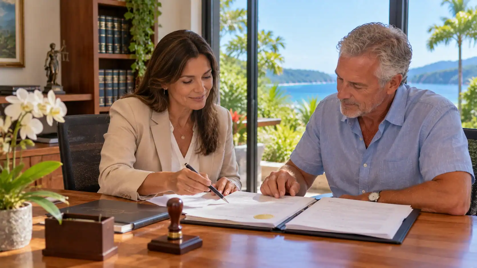 A notary and a client reviewing an authenticated document