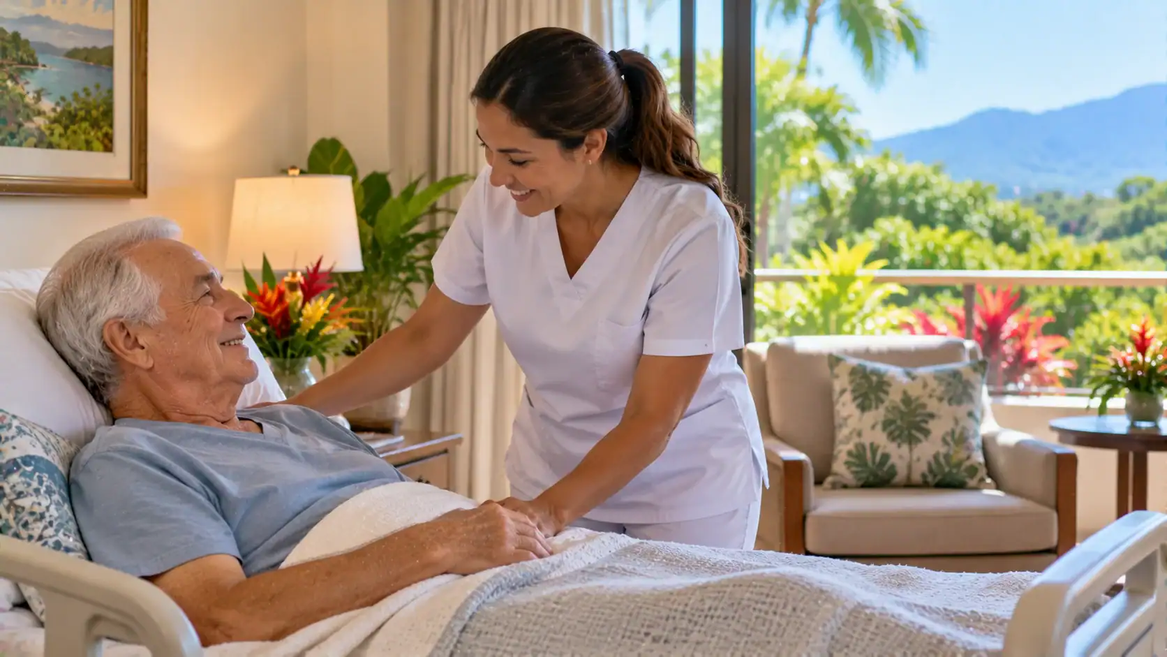 A nurse checking on an elderly resident in a sunny care home room