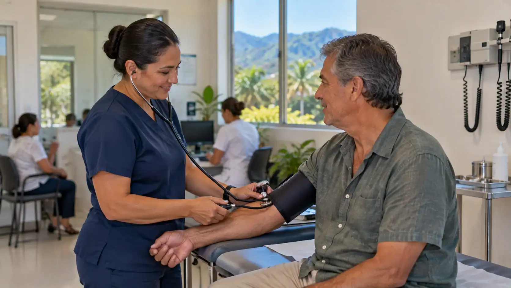 A nurse taking a patient's blood pressure at a public clinic in Costa Rica