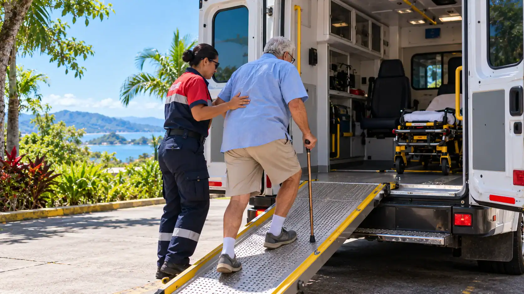 A paramedic helping an older man into an accessible ambulance