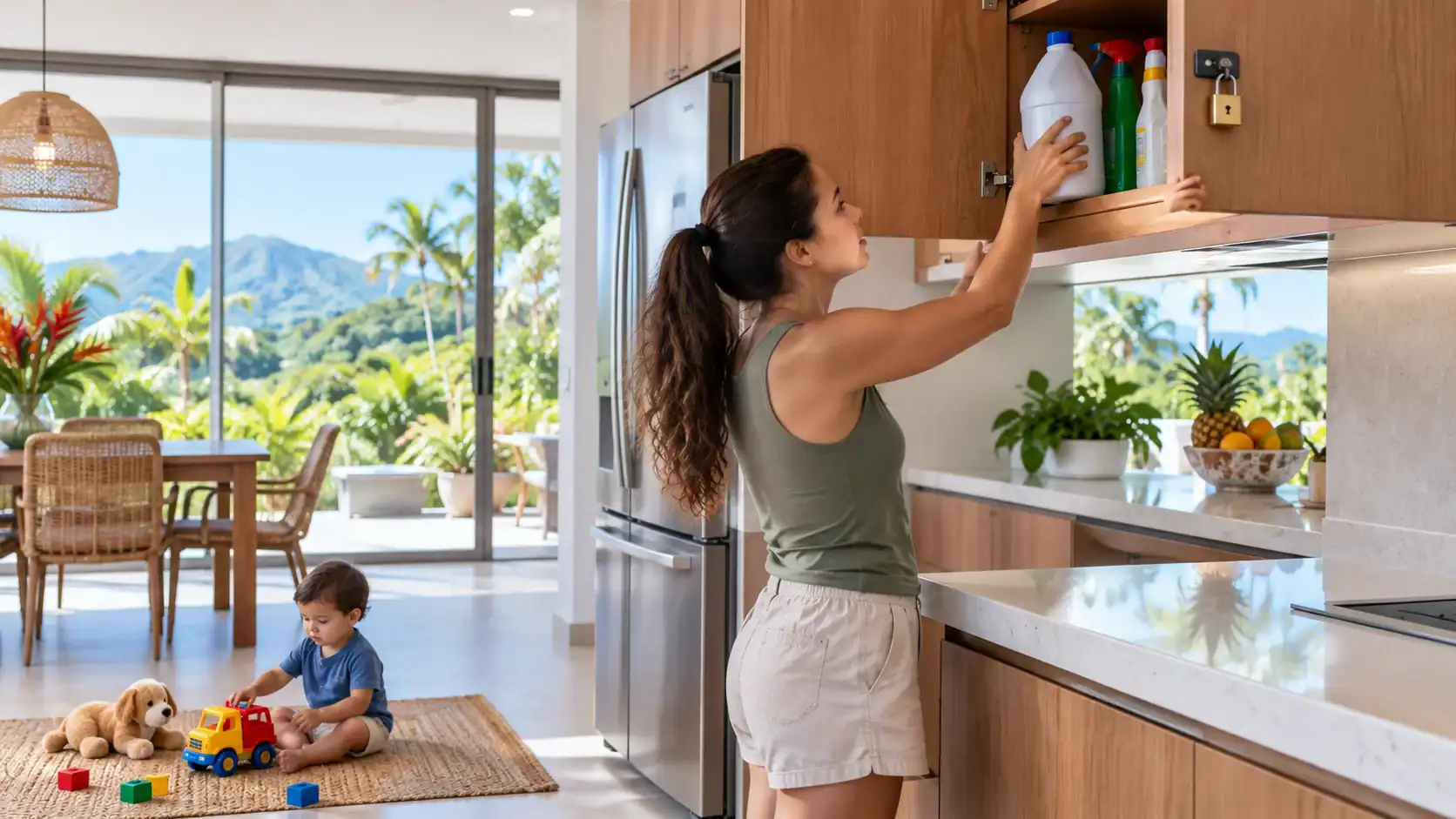 A parent storing cleaning products in a high locked kitchen cabinet in a Costa Rica home