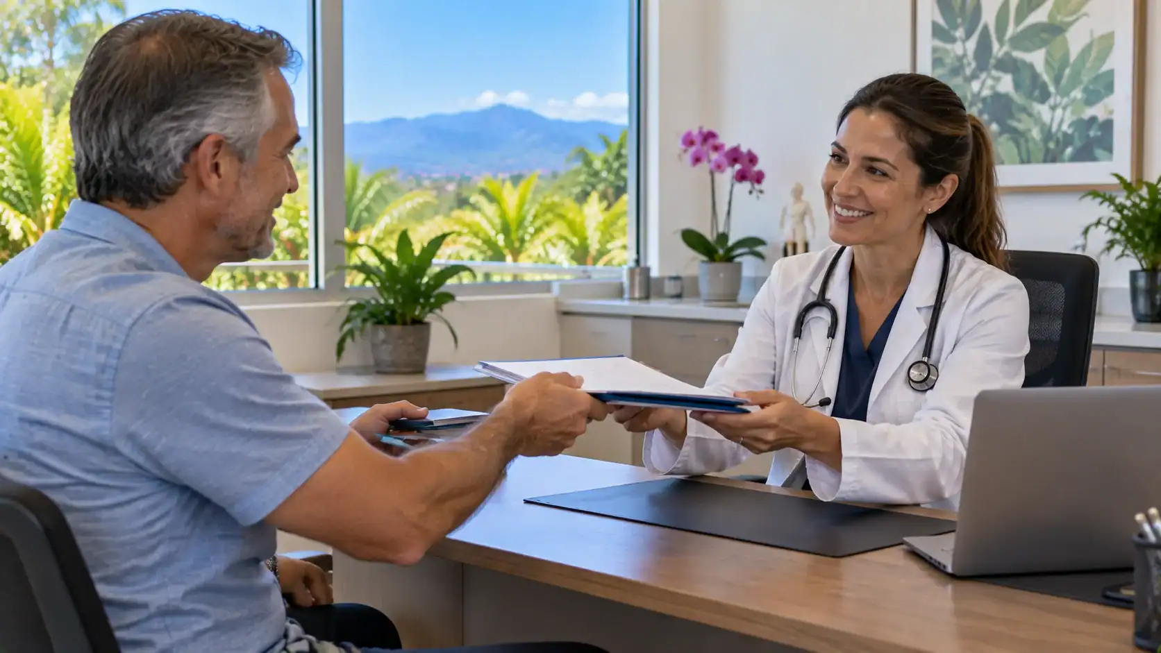 A patient handing medical records to a doctor in a private clinic