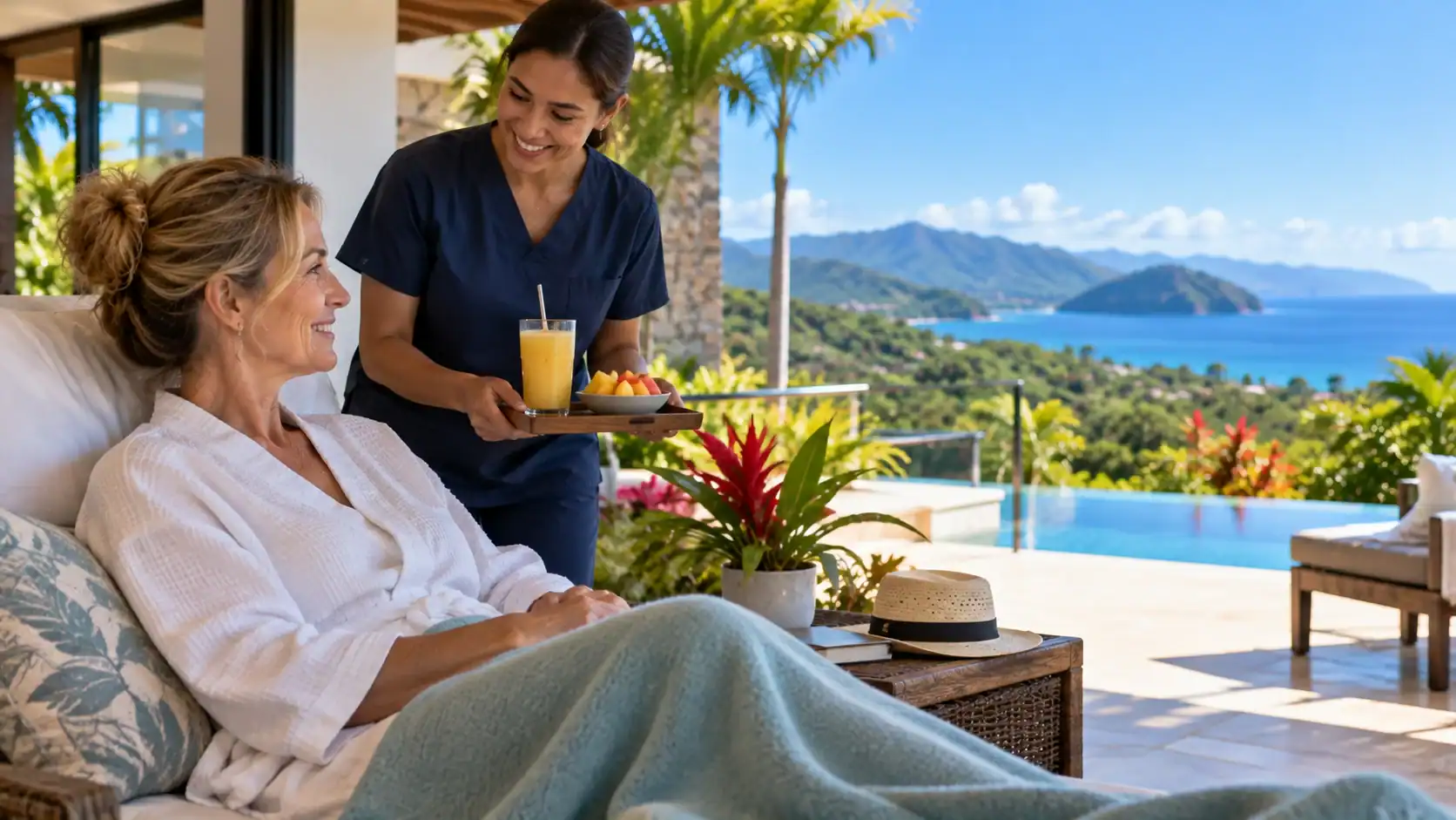A patient recovering on the terrace of a recovery hotel in Costa Rica