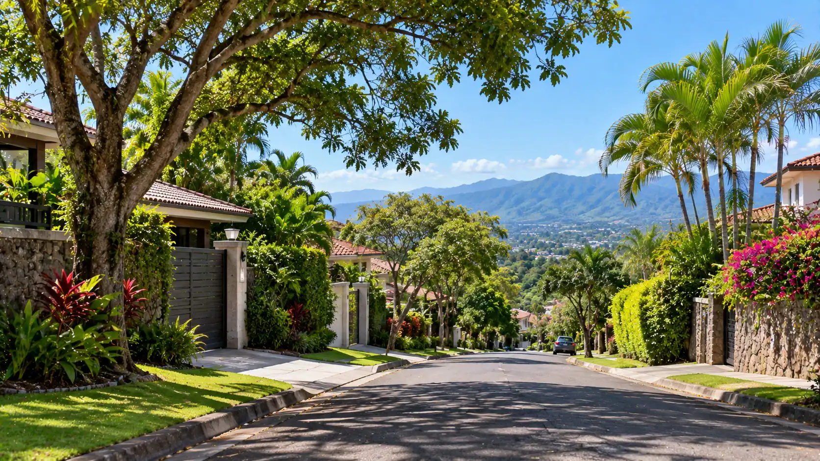 A peaceful tree-lined residential street in a Costa Rican town