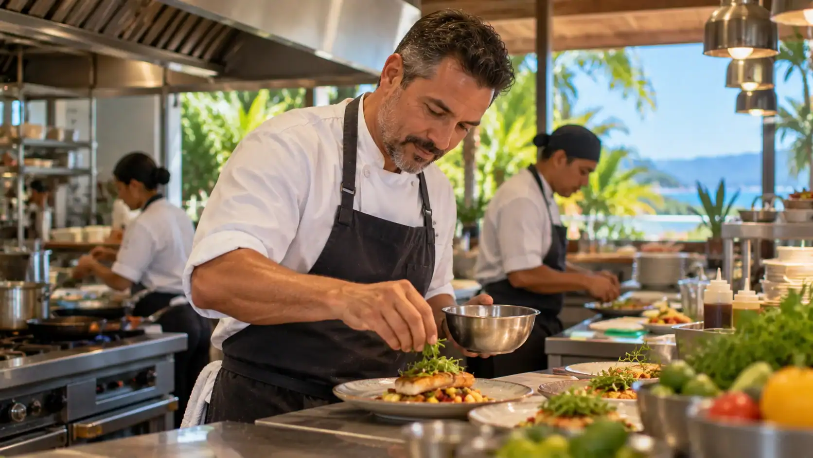 A permanent resident working as a chef in a busy restaurant kitchen in Costa Rica