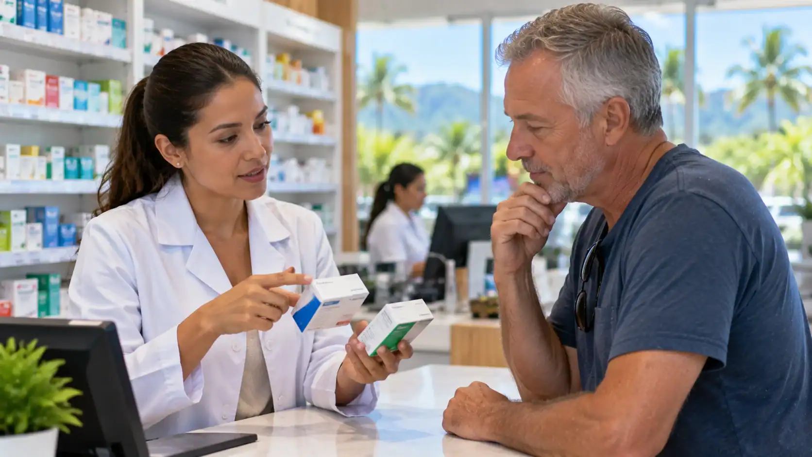 A pharmacist explaining two medicines to an expat customer in Costa Rica