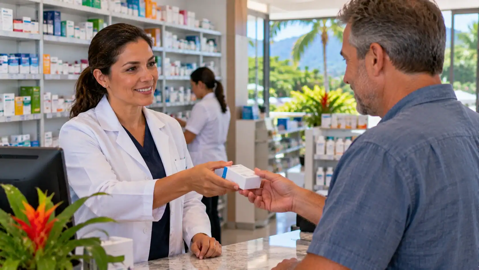 A pharmacist handing a prescription medicine to a patient in Costa Rica