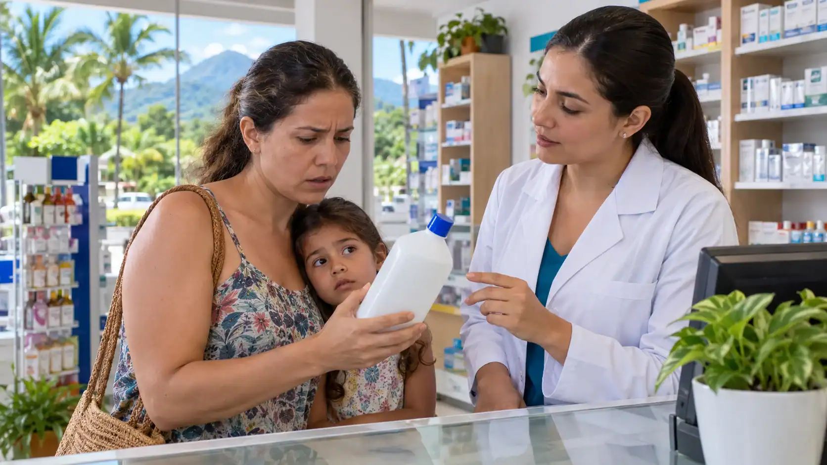 A pharmacist in a Costa Rican pharmacy helping a worried mother holding a household cleaning bottle