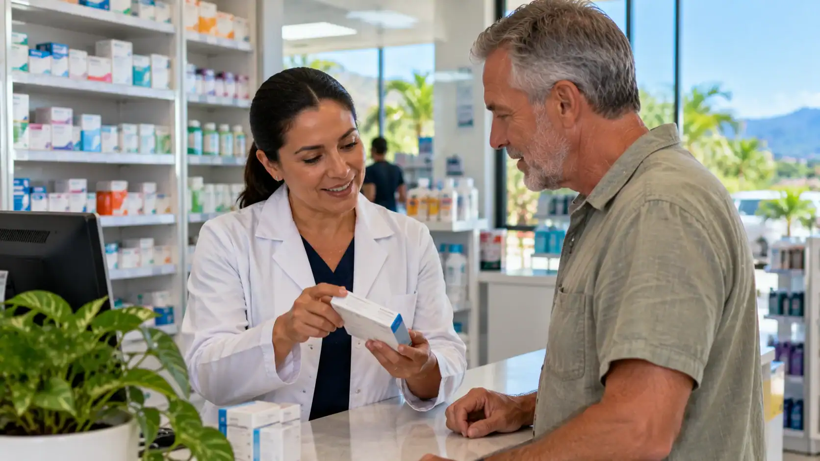 A pharmacist showing a medicine box to a customer in a Costa Rican pharmacy