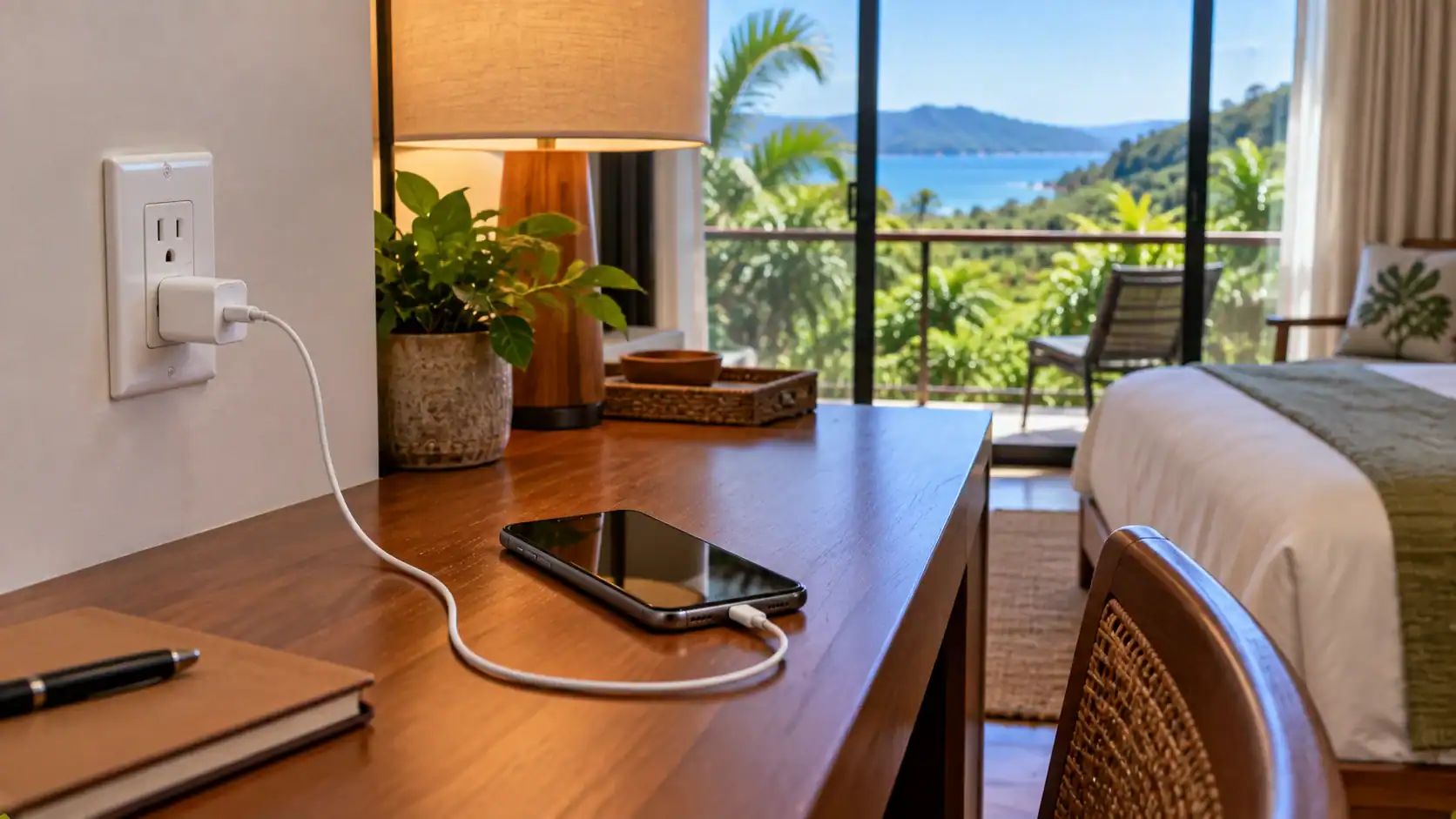 A phone charging from a standard wall outlet on a hotel desk in Costa Rica