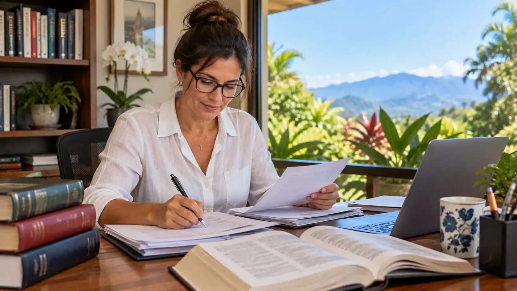 A professional translator working on documents at a desk with dictionaries