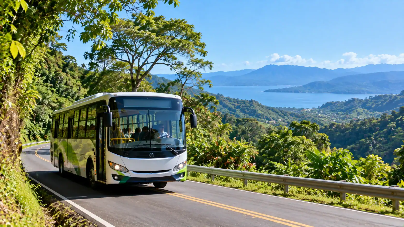 A public bus driving along a green mountain road in Costa Rica