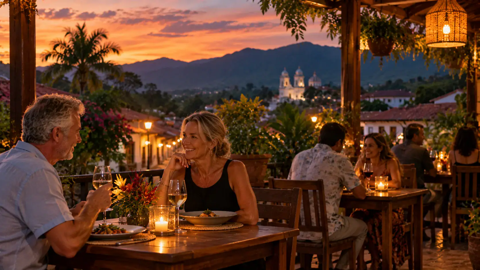 A quiet small-town restaurant terrace at dusk in Costa Rica