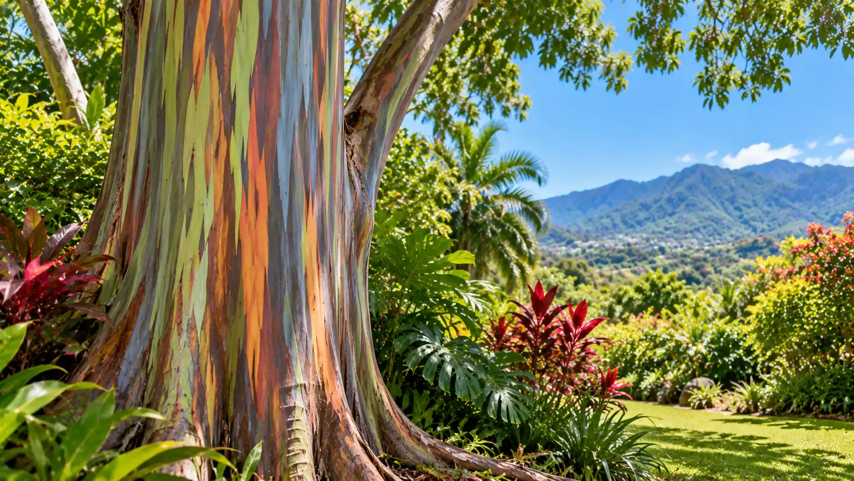 A rainbow eucalyptus tree with colorful striped bark in a Costa Rican garden