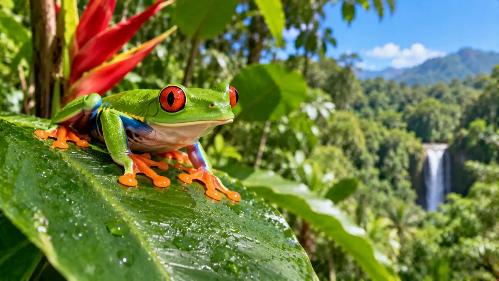 A red-eyed tree frog on a green leaf in the Costa Rican rainforest