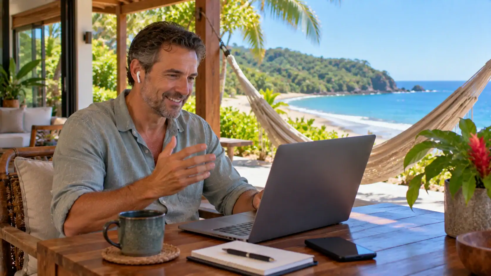 A remote worker on a video call from a hammock-side table at a beach house in Costa Rica