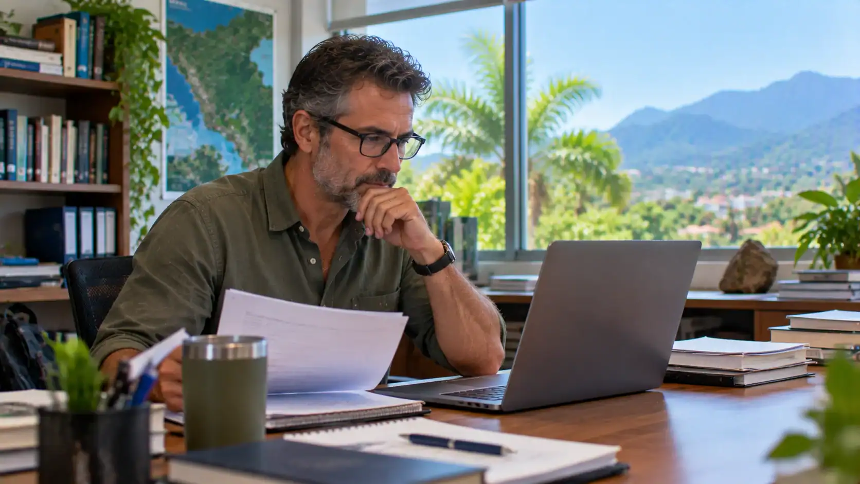 A researcher reviewing a grant budget on a laptop in a university office