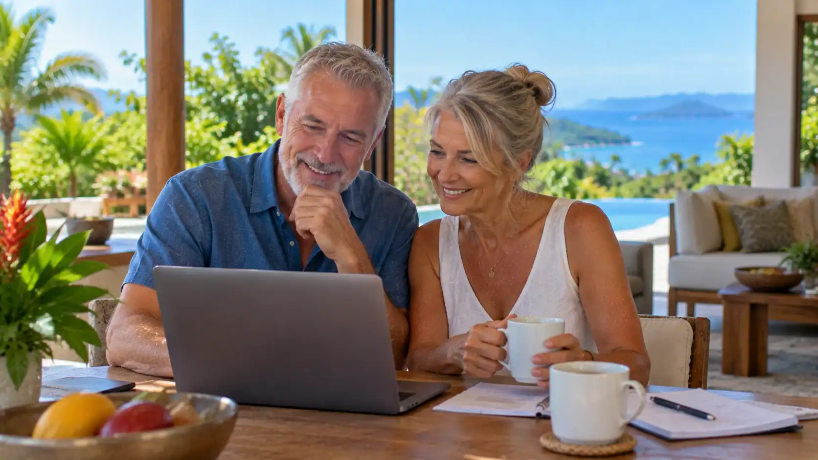 A retired Canadian couple reviewing their pension deposits on a laptop at home in Costa Rica