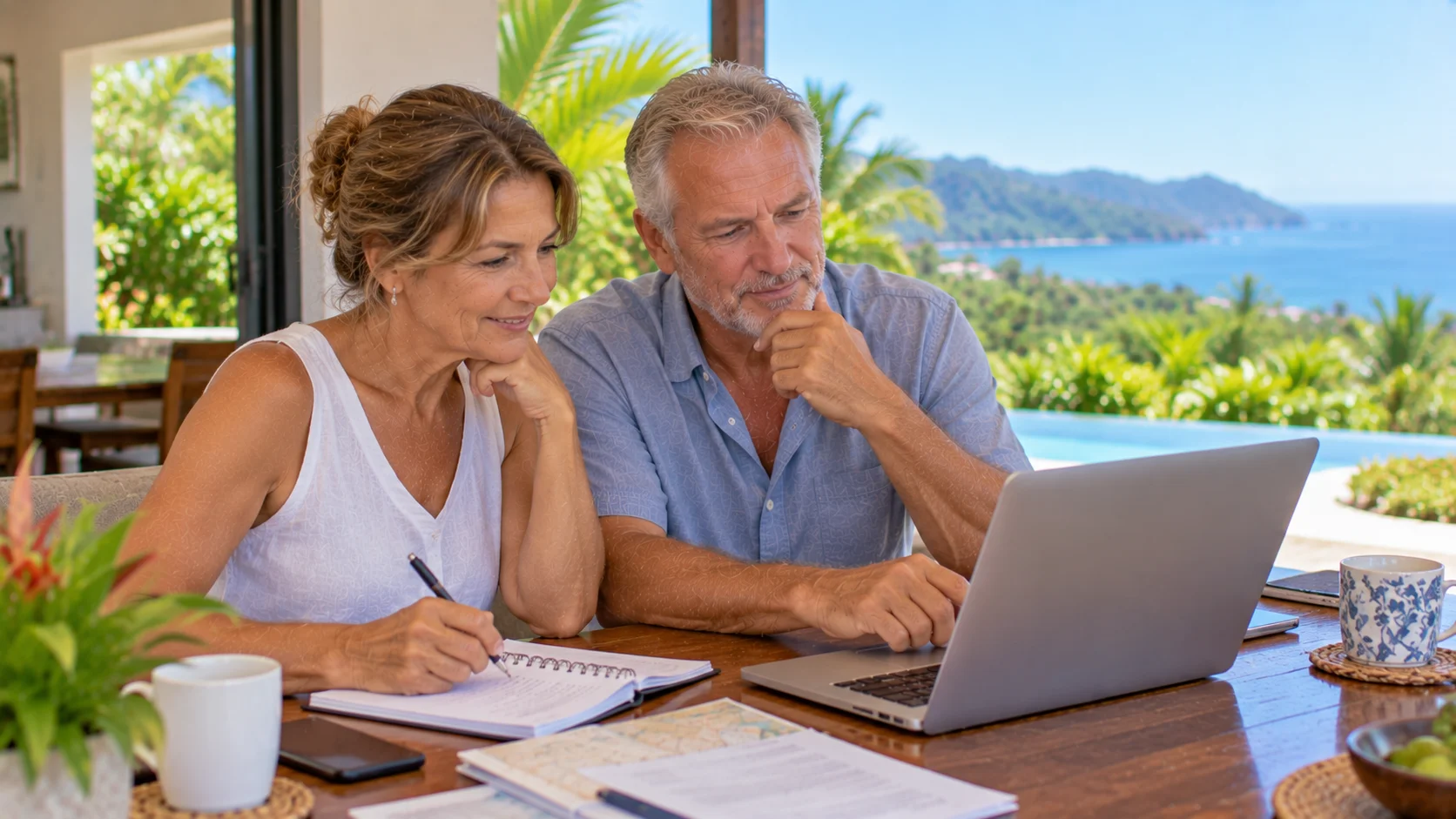 A retired couple budgeting their move with a notebook and laptop
