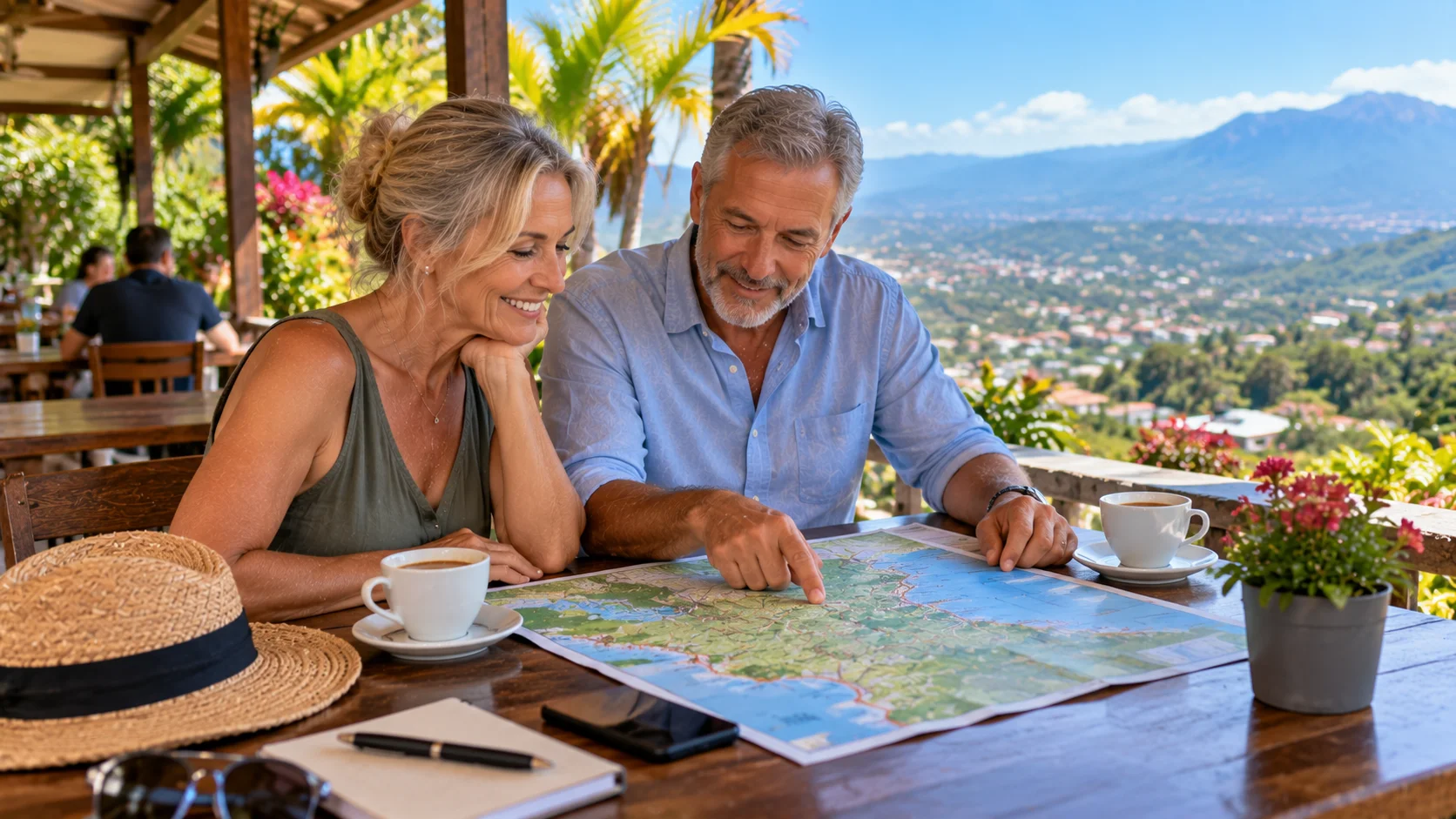 A retired couple comparing Costa Rican towns on a map at a cafe table