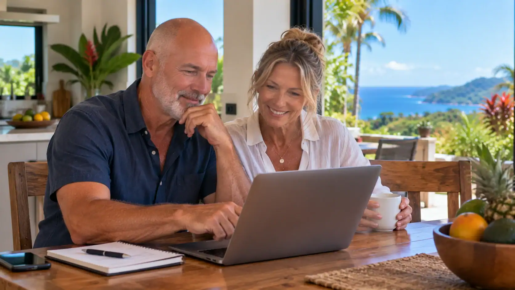 A retired couple comparing household budgets on a laptop at a kitchen table
