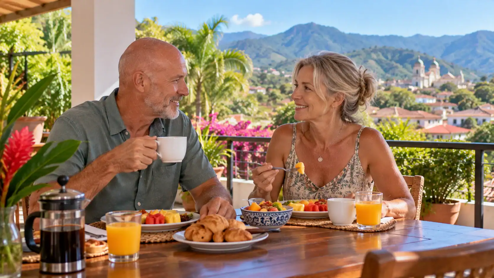A retired couple having breakfast on their terrace in a Costa Rican town