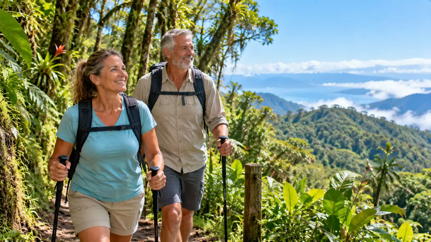 A retired couple hiking a cloud forest trail in Costa Rica