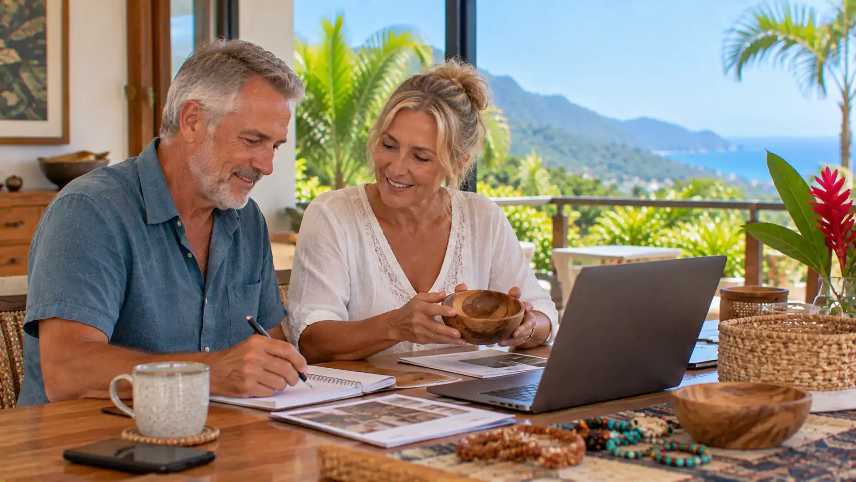 A retired couple planning a small hobby business at their dining table