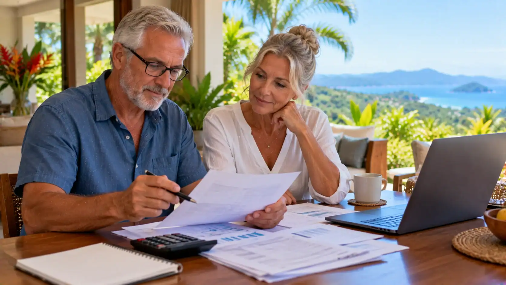A retired couple reviewing monthly income statements at a table