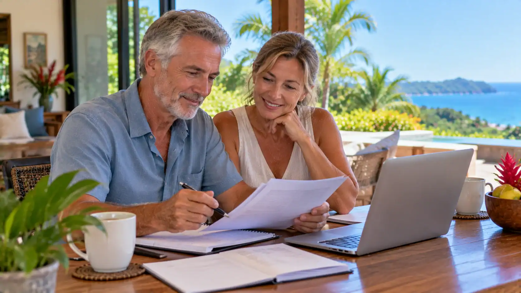 A retired couple reviewing their retirement budget at a dining table