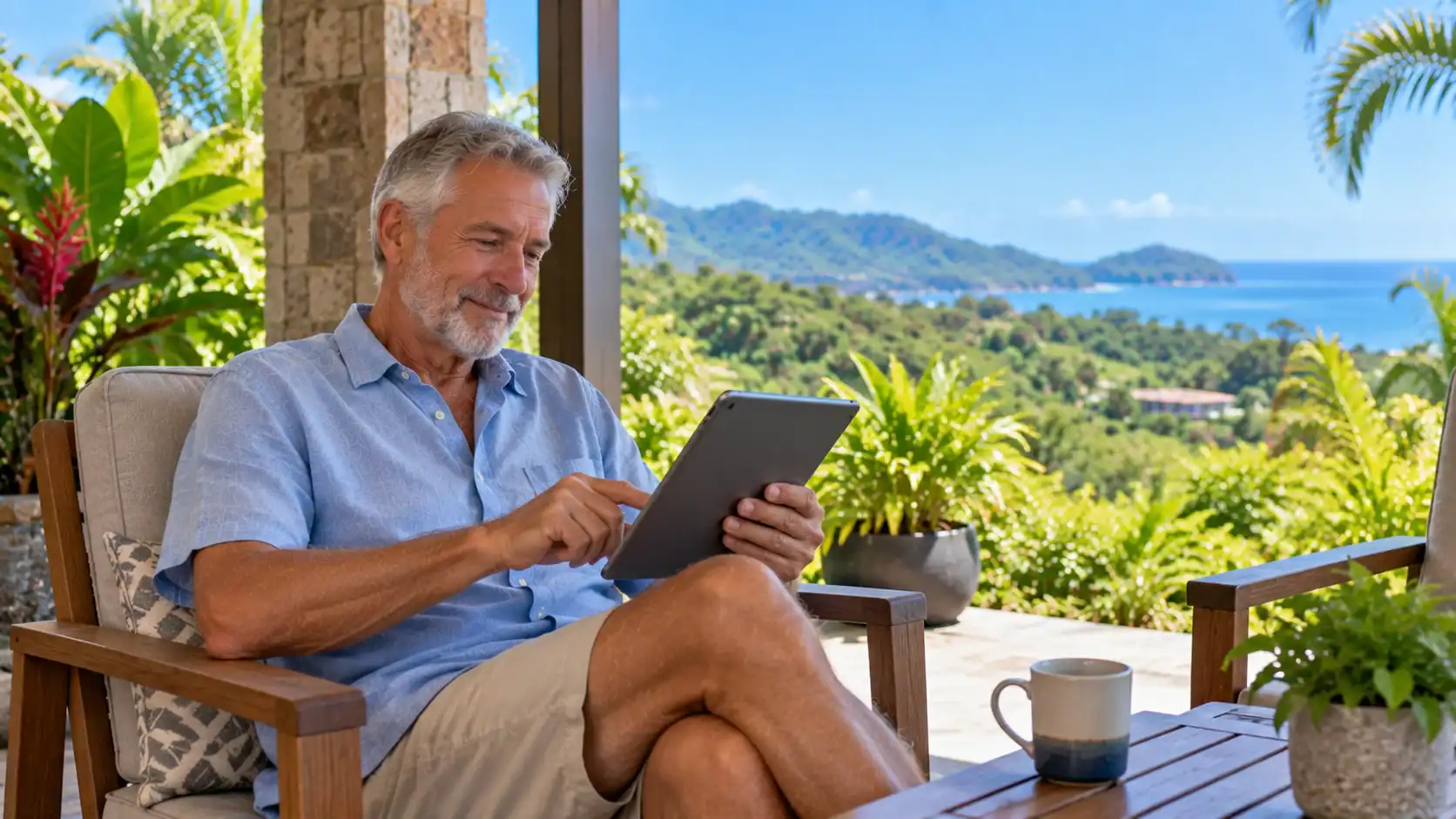 A retired man reading about permanent residency on a tablet on his porch