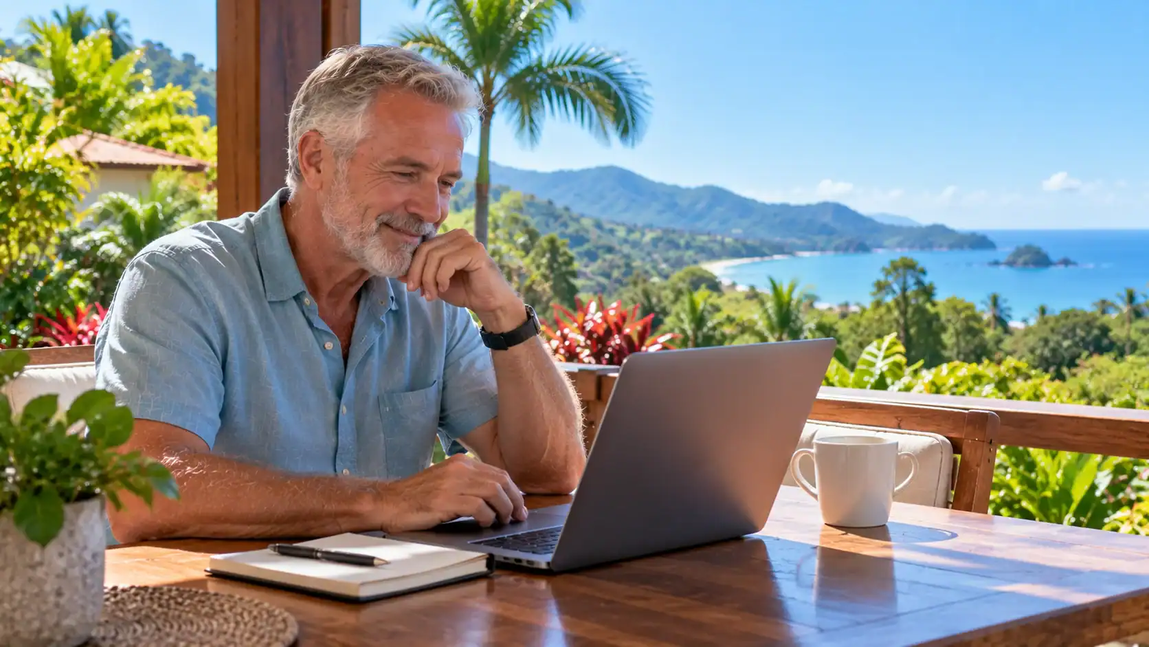 A retired man reviewing his monthly income on a laptop on a terrace
