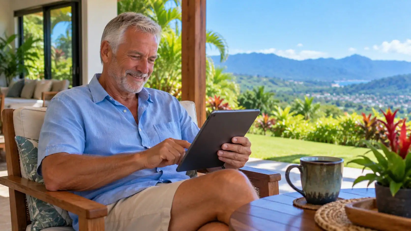 A retired man reviewing his monthly pension on a tablet on a porch