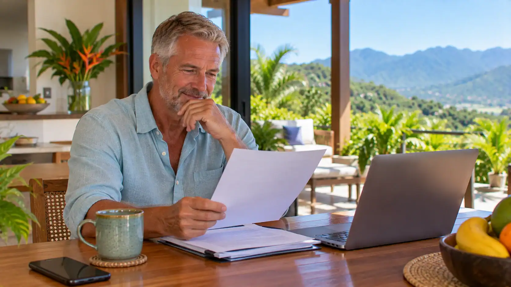 A retired man reviewing his pension letter at his kitchen table