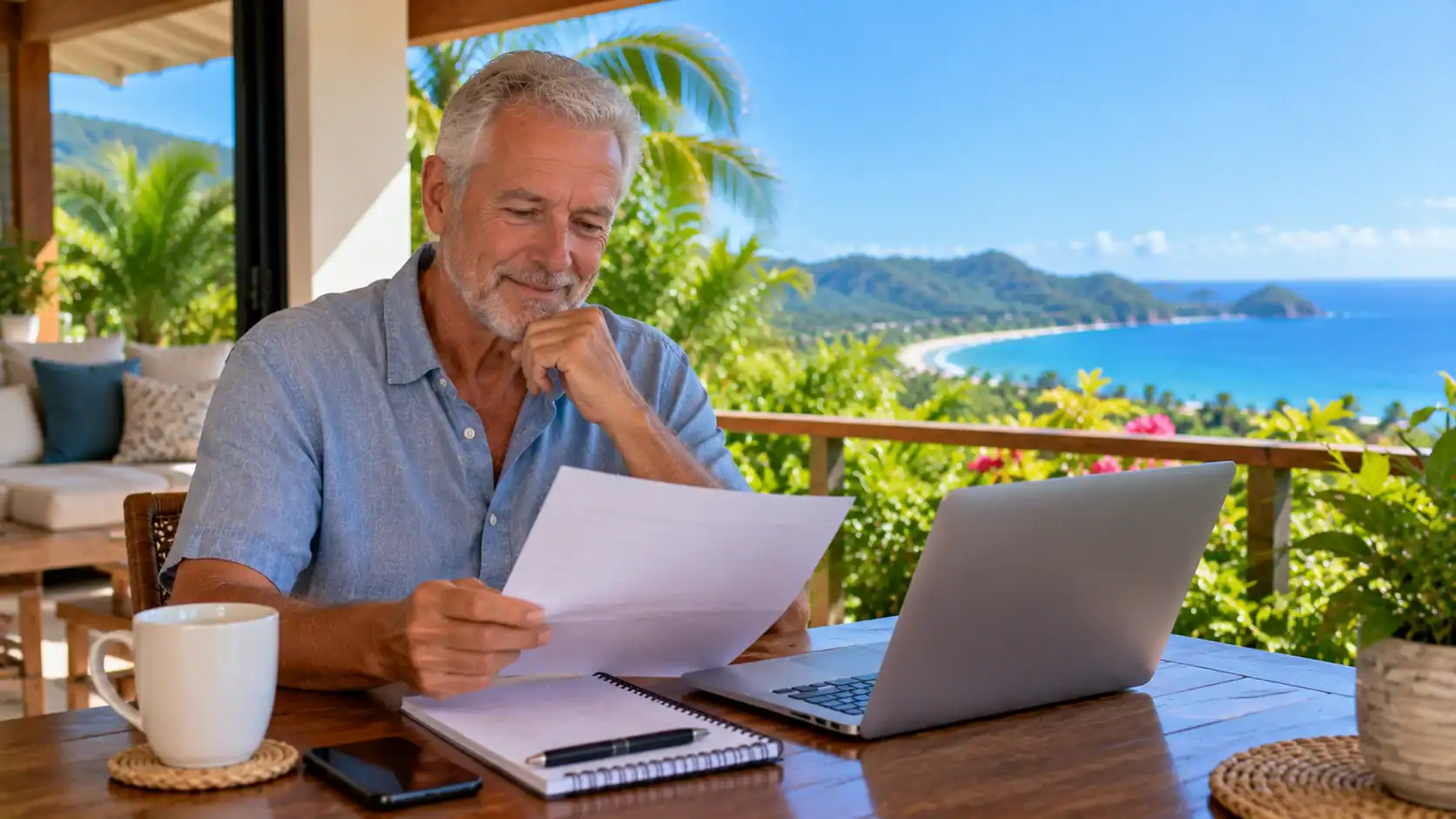 A retired man reviewing his pension statement on a terrace in Costa Rica