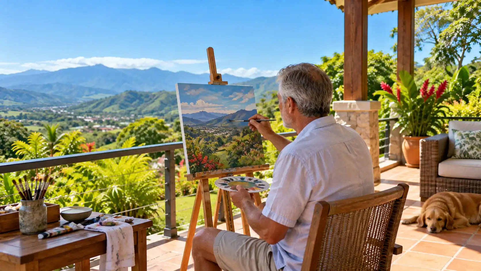 A retiree painting at an easel on a terrace overlooking a valley in Costa Rica